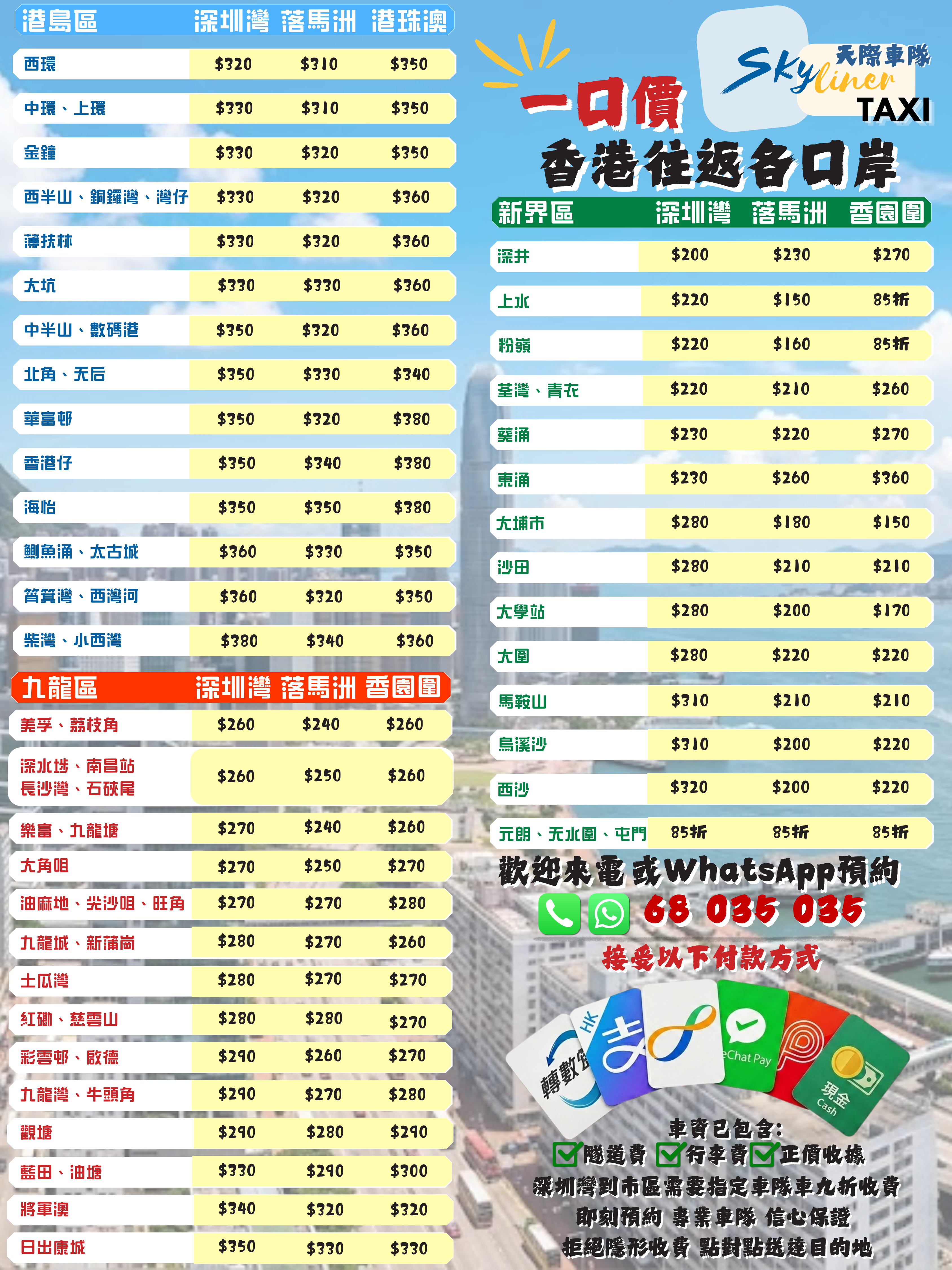 香港往返各口岸價目表